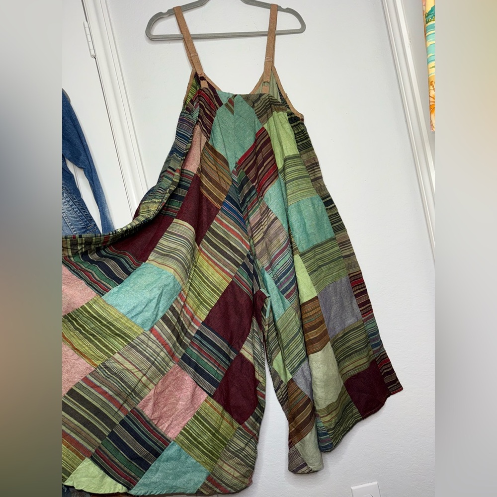Kantha Boho Patchwork Jumpsuit Overalls in Earthy Tones One Size - Picture 8 of 10